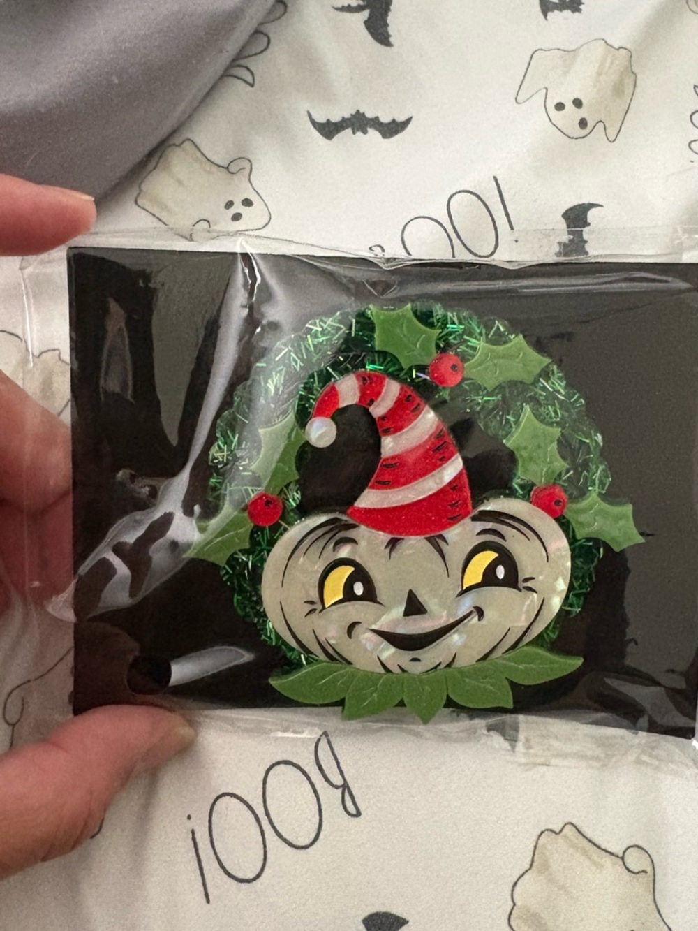 Johanna Parker Holiday Pumpkin Wreath Enamel Pin - Red & Green Festive Accessory